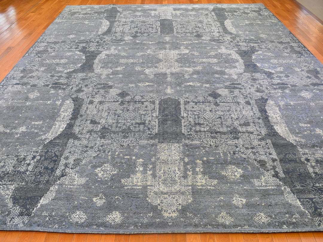 12'0" x 15'1" New Hand Knotted Grey Wool & Pure Silk Rectangle Oriental Rug - MOA10266364