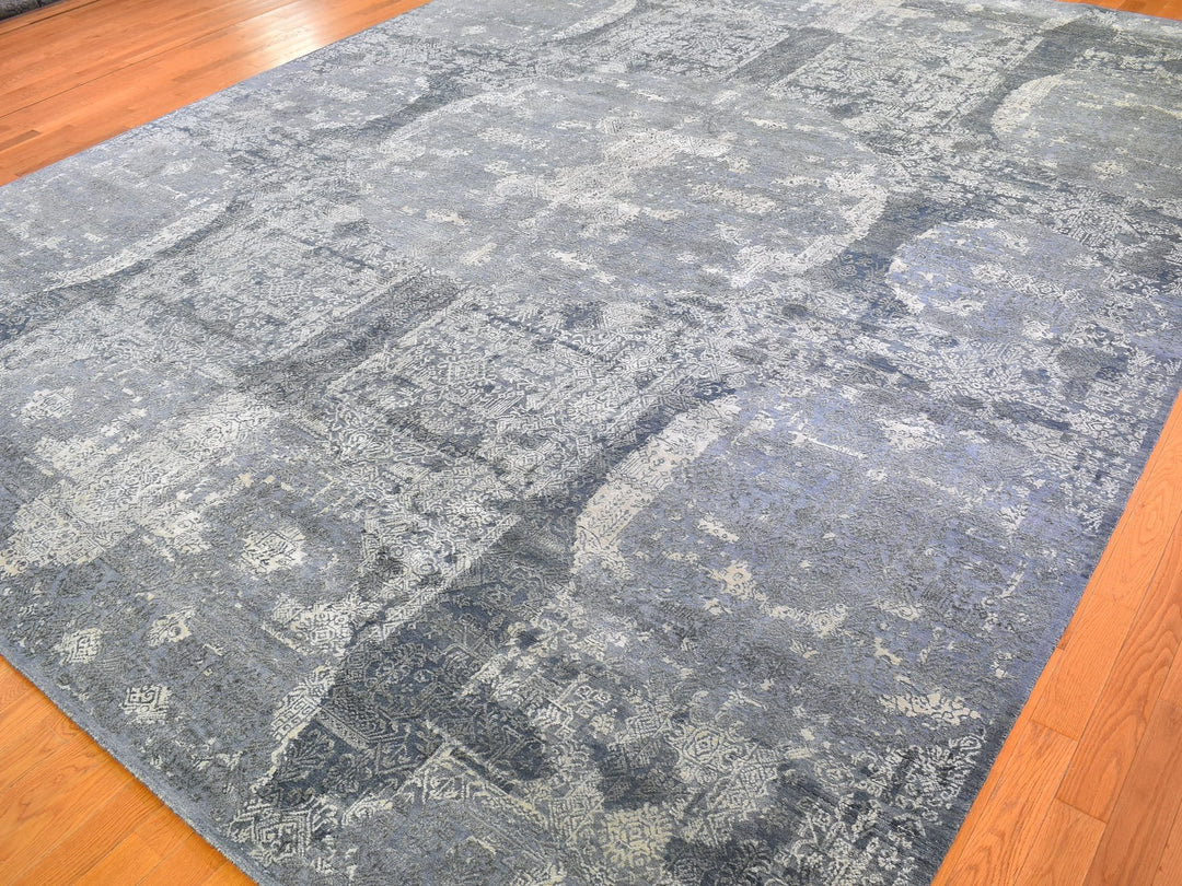 12'0" x 15'1" New Hand Knotted Grey Wool & Pure Silk Rectangle Oriental Rug - MOA10266364