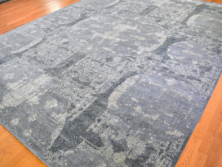 12'0" x 15'1" New Hand Knotted Grey Wool & Pure Silk Rectangle Oriental Rug - MOA10266364