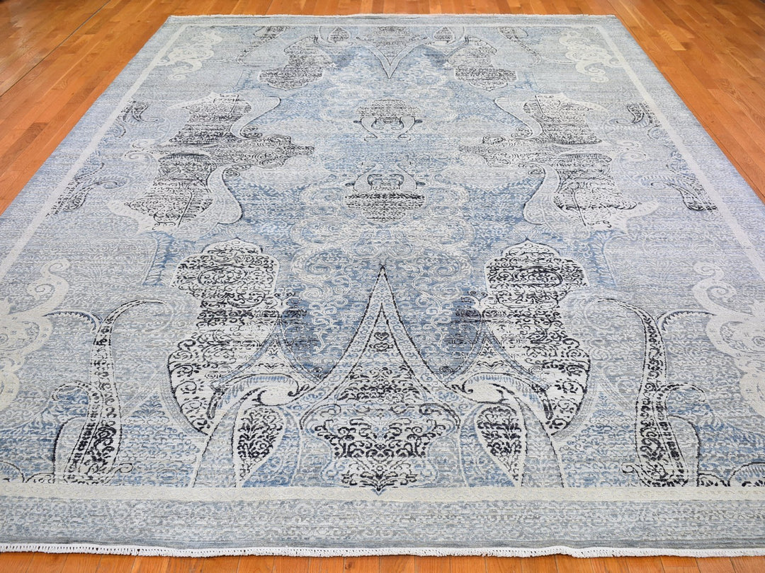 10'3" x 14'3" New Hand Knotted Blue Wool & Silk Rectangle Oriental Rug - MOA10266392