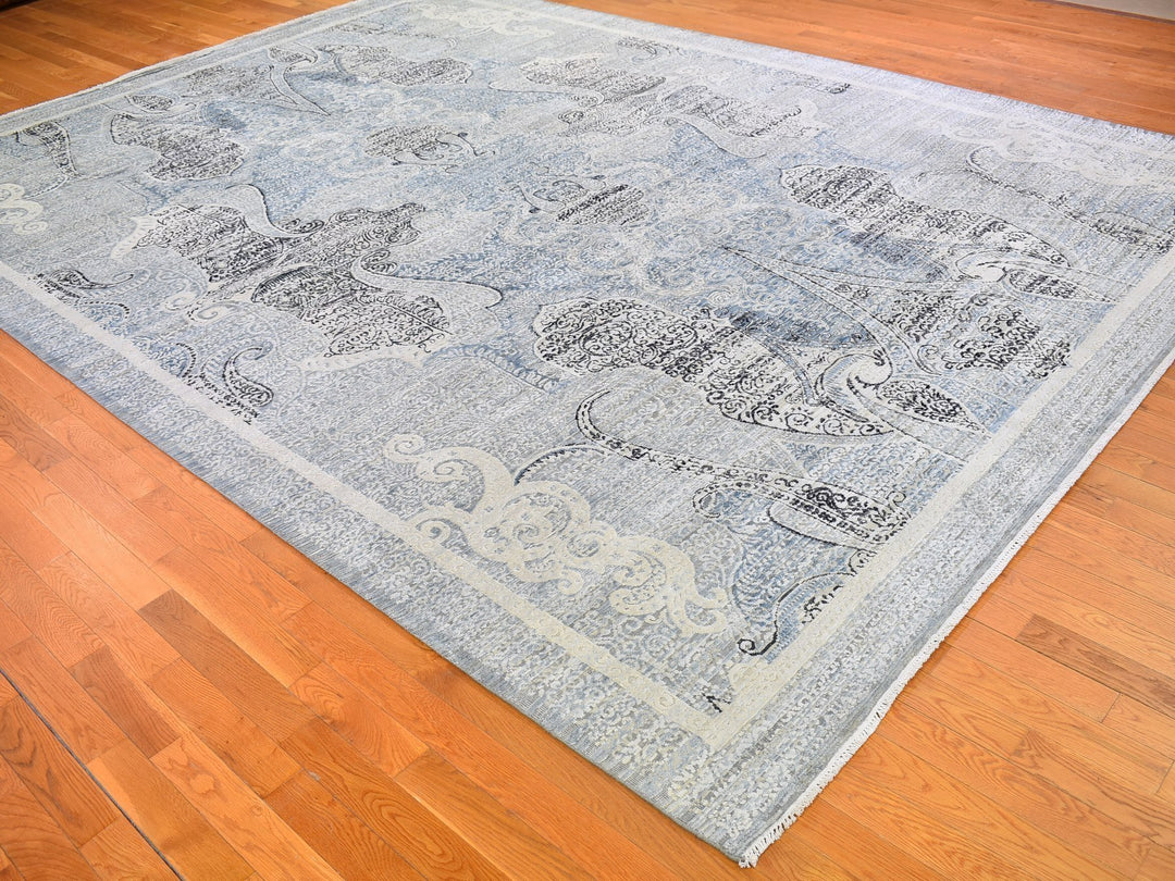 10'3" x 14'3" New Hand Knotted Blue Wool & Silk Rectangle Oriental Rug - MOA10266392