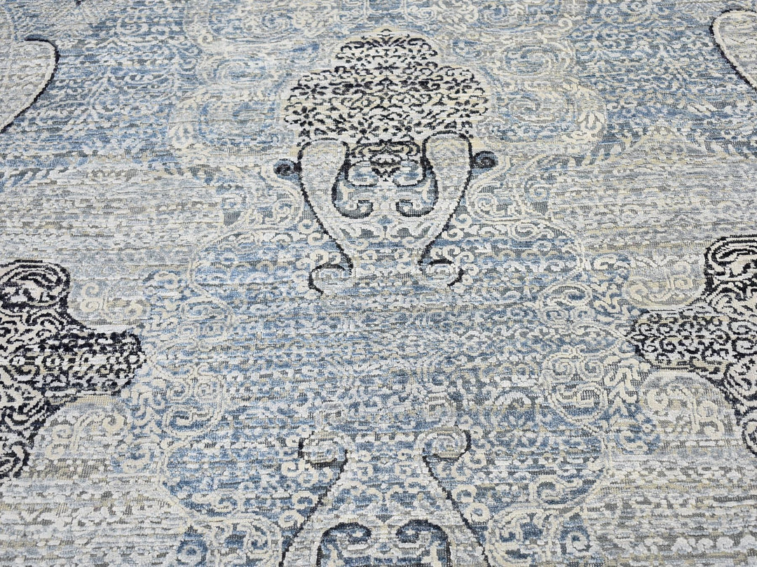 10'3" x 14'3" New Hand Knotted Blue Wool & Silk Rectangle Oriental Rug - MOA10266392