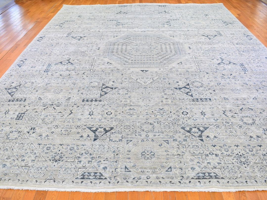 12'0" x 15'2" New Hand Knotted Grey Wool & Silk Rectangle Oriental Rug - MOA10266480
