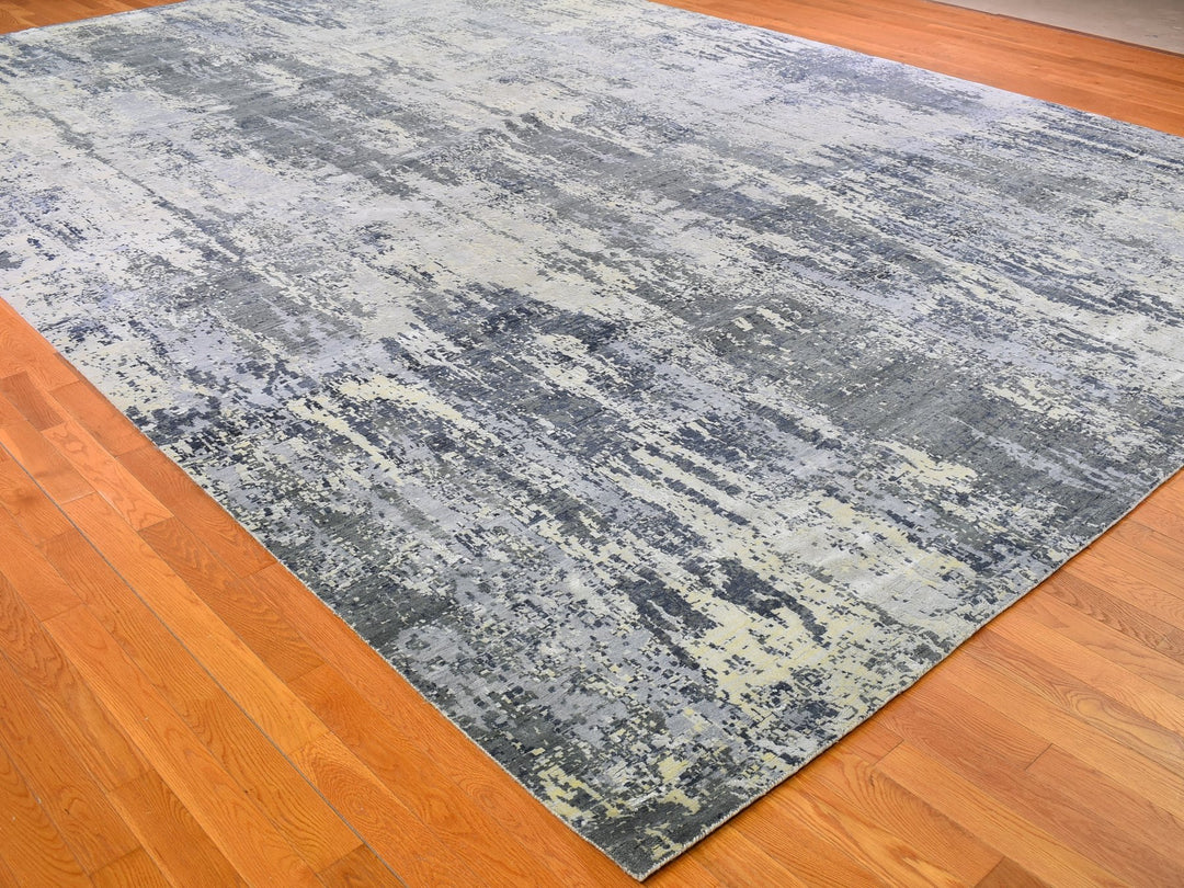 12'0" x 18'1" New Hand Knotted Grey Wool & Silk Rectangle Oriental Rug - MOA10266732