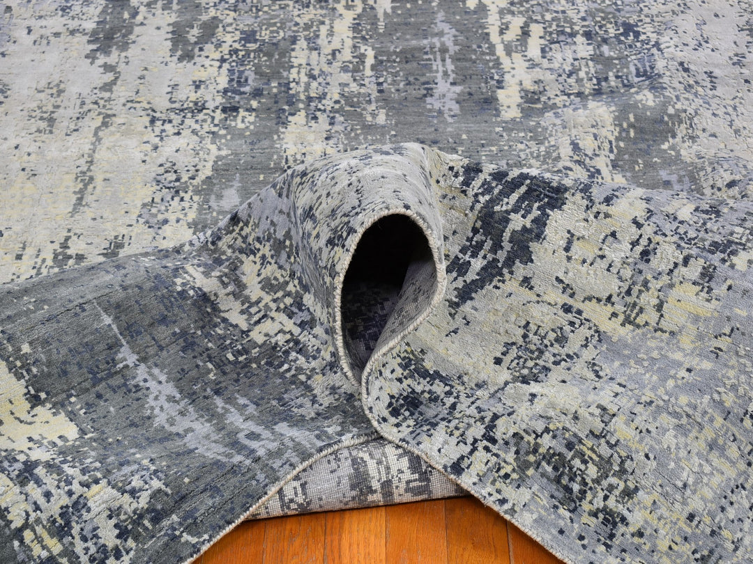 12'0" x 18'1" New Hand Knotted Grey Wool & Silk Rectangle Oriental Rug - MOA10266732