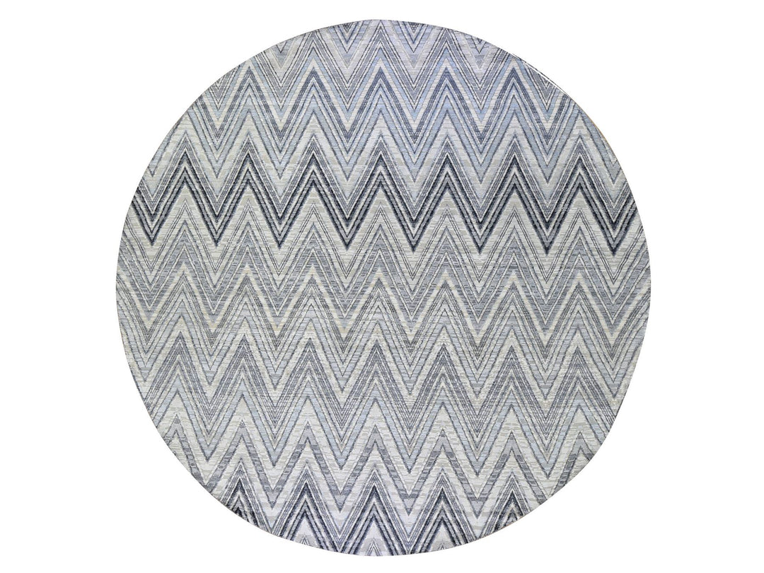 11'9" x 11'9" New Hand Knotted Ivory Wool & Silk Round Oriental Rug - MOA10266853