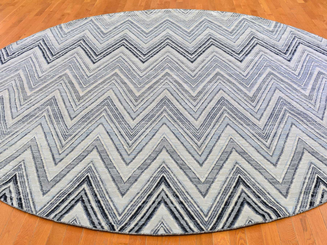 11'9" x 11'9" New Hand Knotted Ivory Wool & Silk Round Oriental Rug - MOA10266853