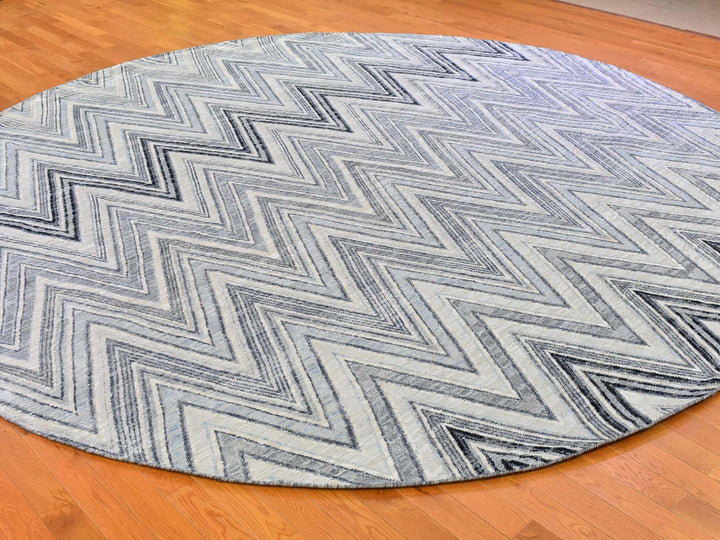 11'9" x 11'9" New Hand Knotted Ivory Wool & Silk Round Oriental Rug - MOA10266853