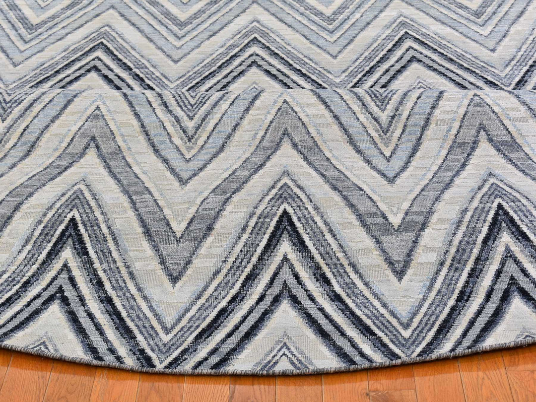 11'9" x 11'9" New Hand Knotted Ivory Wool & Silk Round Oriental Rug - MOA10266853