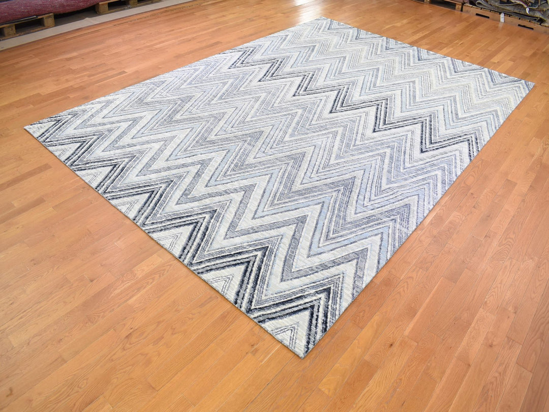 9'10" x 14'3" New Hand Knotted Ivory Wool & Silk Rectangle Oriental Rug - MOA10266874