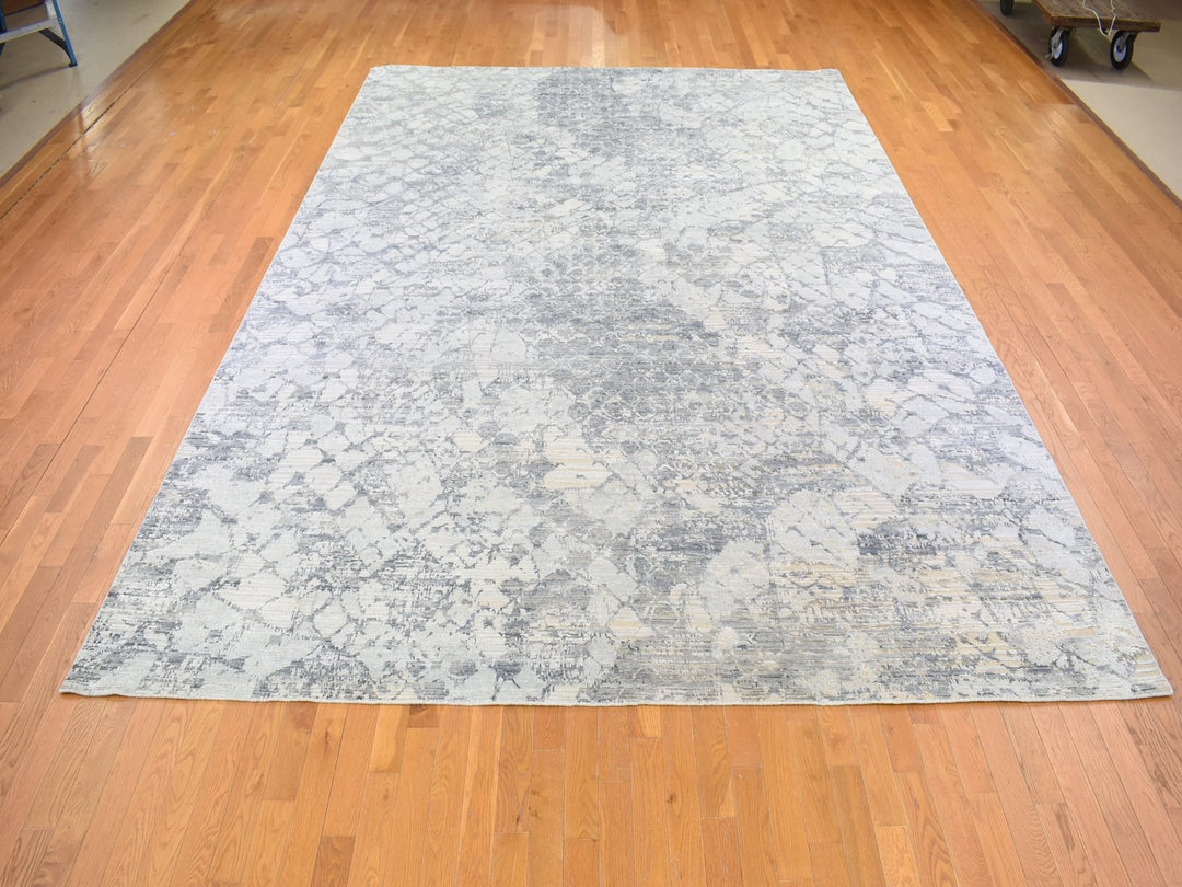 10'1" x 14'2" New Hand Knotted Grey Wool & Art Silk Rectangle Oriental Rug - MOA10266875
