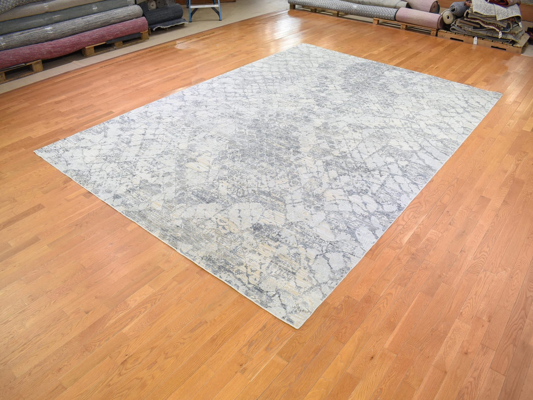 10'1" x 14'2" New Hand Knotted Grey Wool & Art Silk Rectangle Oriental Rug - MOA10266875