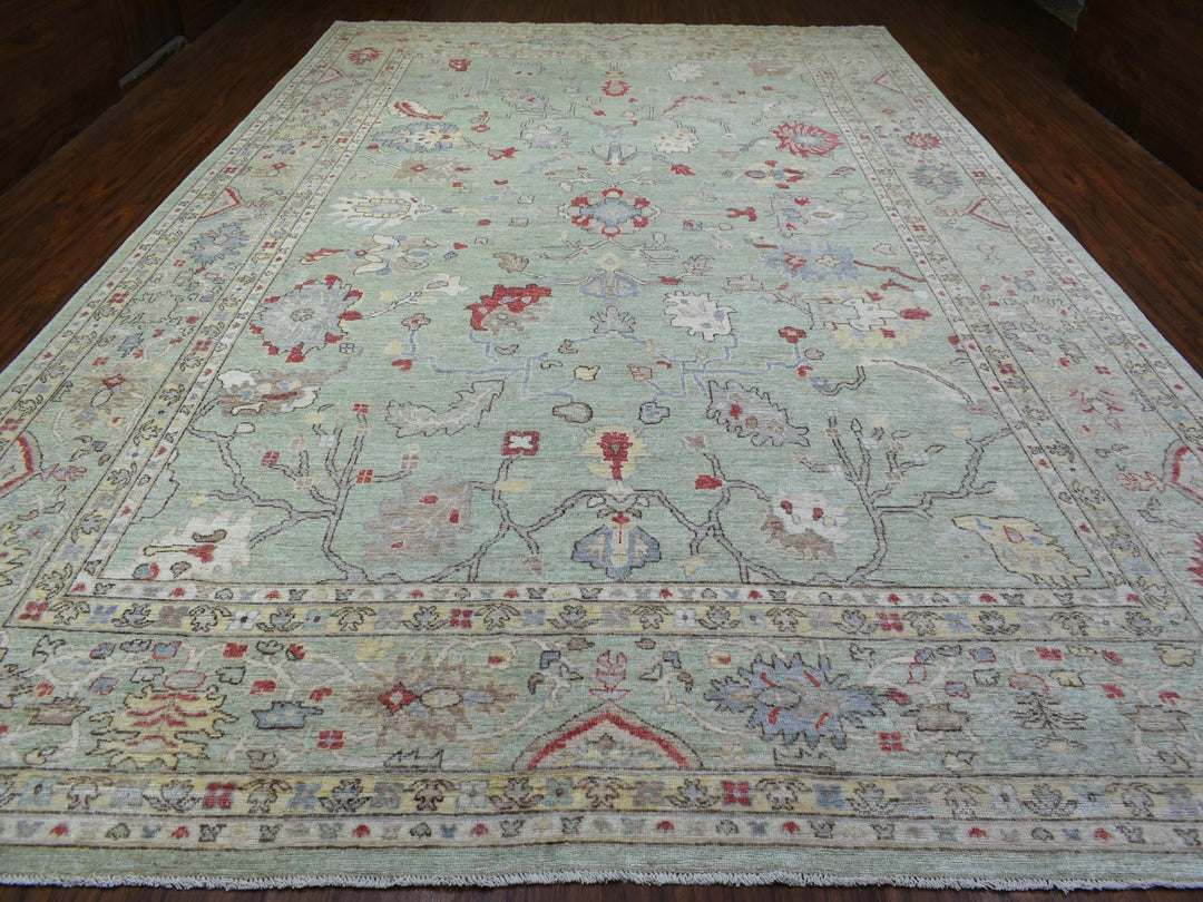 11'9" x 17'3" New Hand Knotted Green Wool Rectangle Oriental Rug - MOA10269373