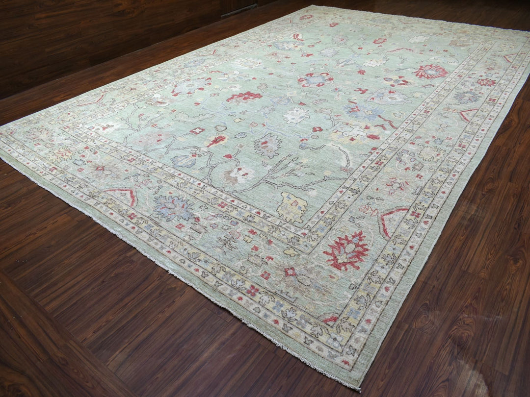 11'9" x 17'3" New Hand Knotted Green Wool Rectangle Oriental Rug - MOA10269373