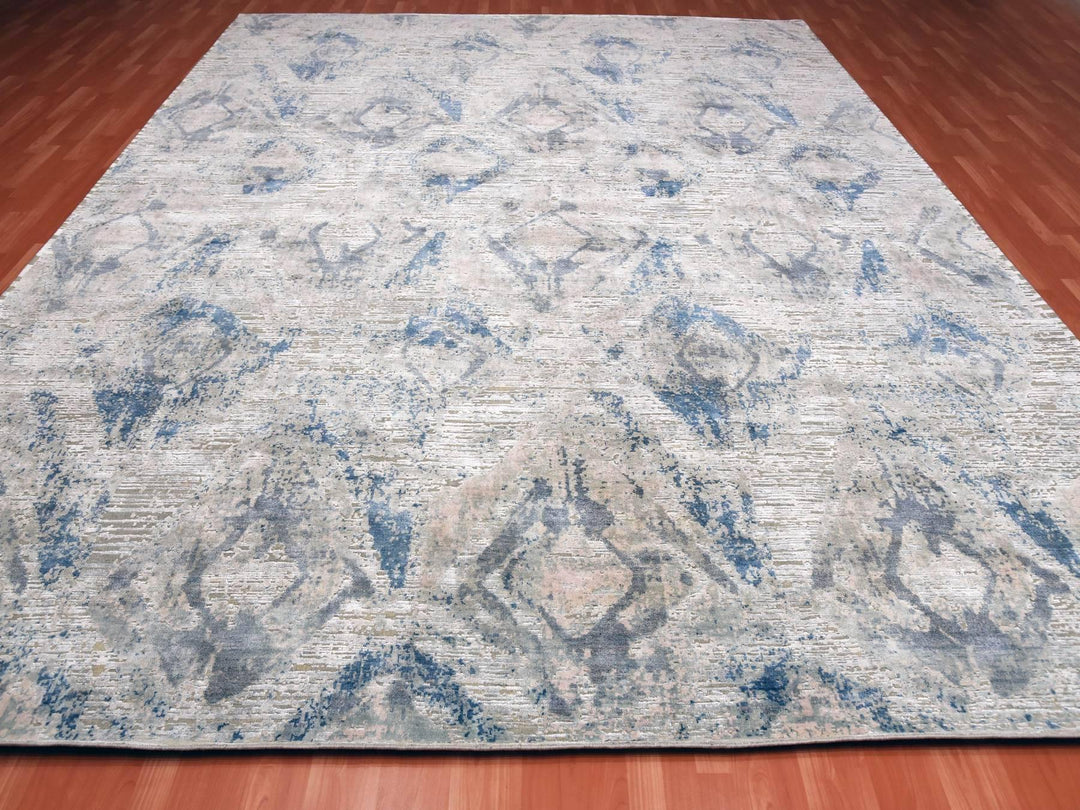 12'1" x 15'2" New Hand Knotted Ivory Wool & Silk Rectangle Oriental Rug - MOA10275012