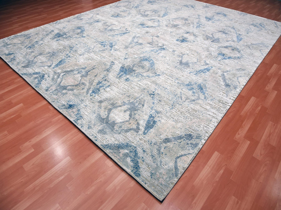 12'1" x 15'2" New Hand Knotted Ivory Wool & Silk Rectangle Oriental Rug - MOA10275012