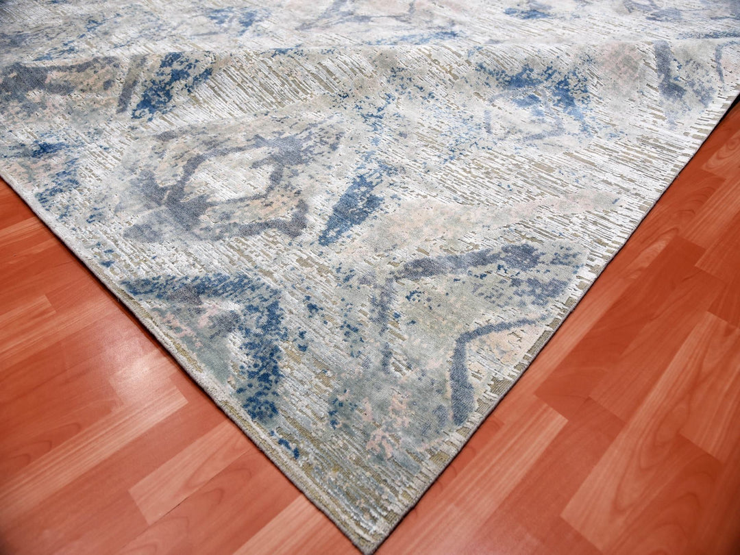 12'1" x 15'2" New Hand Knotted Ivory Wool & Silk Rectangle Oriental Rug - MOA10275012