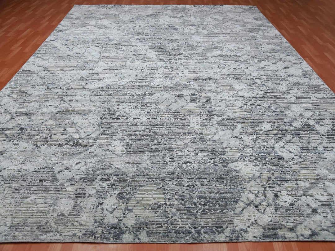 11'9" x 15'3" New Hand Knotted Grey Wool & Silk Rectangle Oriental Rug - MOA10275013