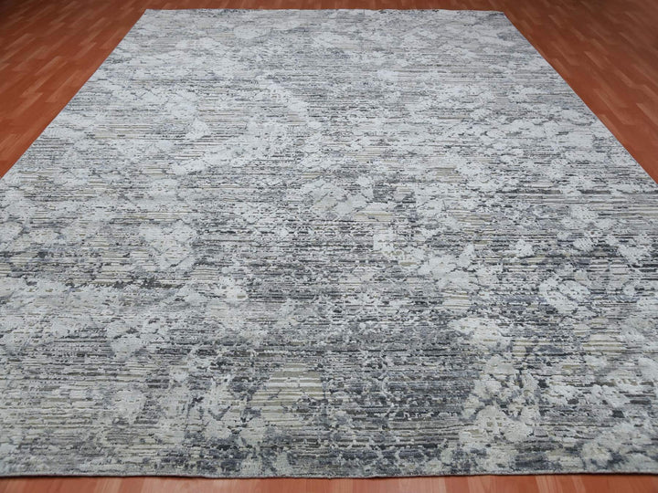 11'9" x 15'3" New Hand Knotted Grey Wool & Silk Rectangle Oriental Rug - MOA10275013