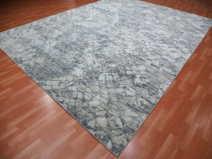 11'9" x 15'3" New Hand Knotted Grey Wool & Silk Rectangle Oriental Rug - MOA10275013