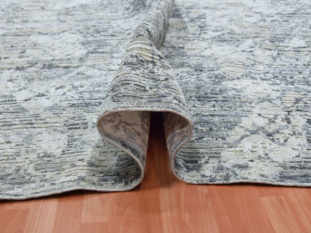 11'9" x 15'3" New Hand Knotted Grey Wool & Silk Rectangle Oriental Rug - MOA10275013