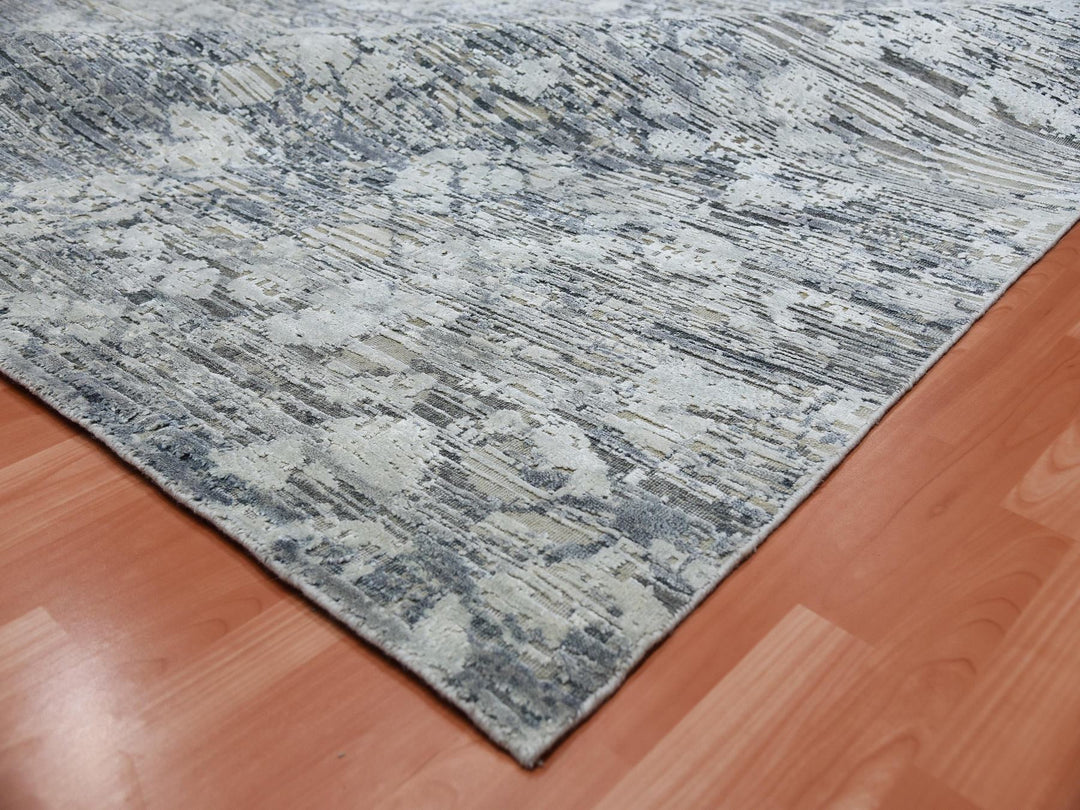 11'9" x 15'3" New Hand Knotted Grey Wool & Silk Rectangle Oriental Rug - MOA10275013