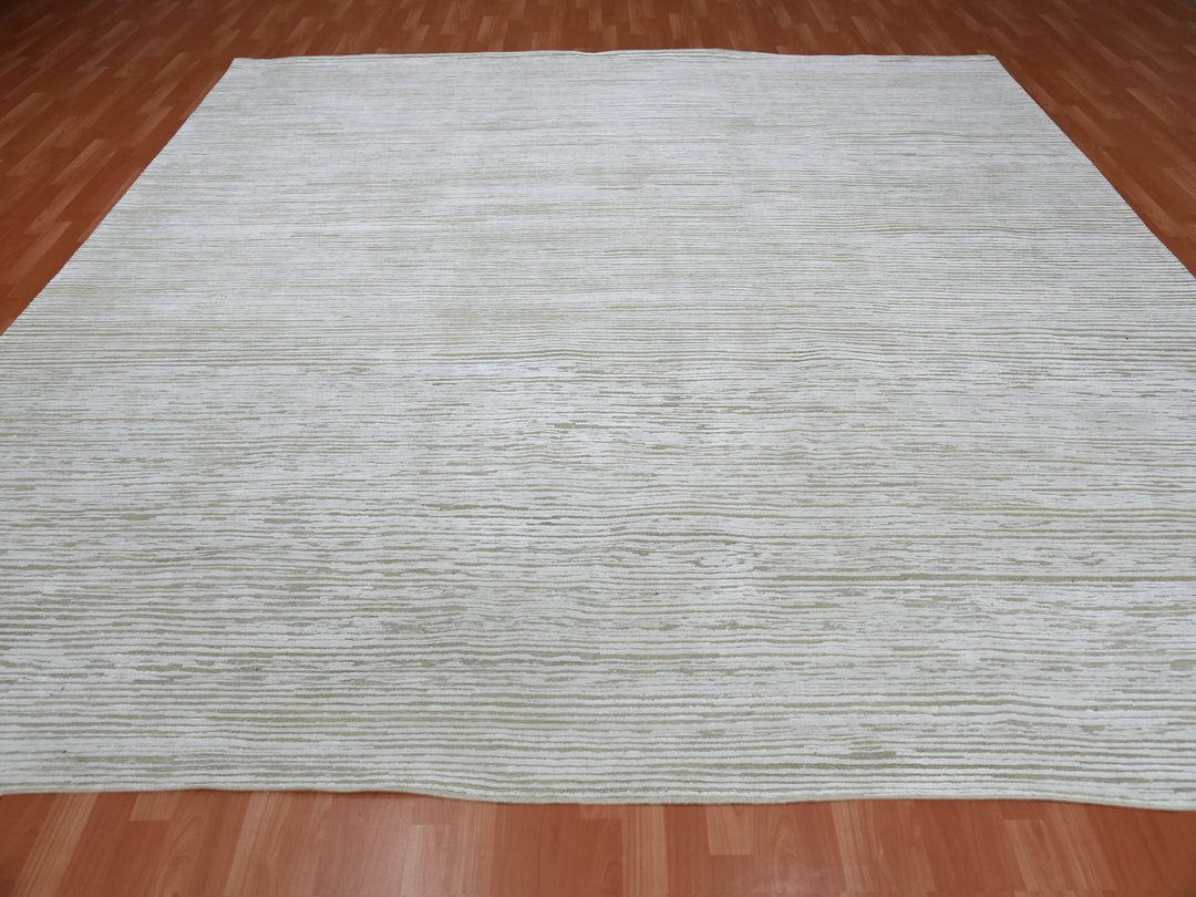 11'10" x 11'10" New Hand Knotted Ivory Wool & Silk Square Oriental Rug - MOA10275016