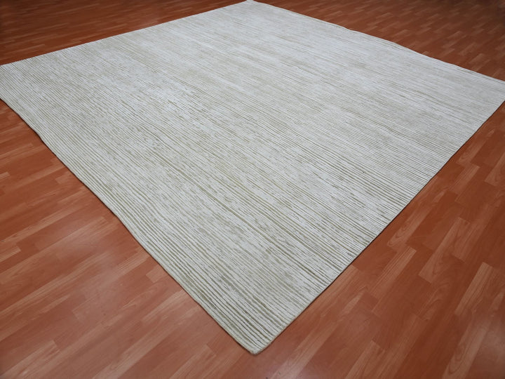 11'10" x 11'10" New Hand Knotted Ivory Wool & Silk Square Oriental Rug - MOA10275016