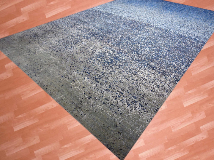 12'0" x 18'0" New Hand Knotted Blue Wool & Pure Silk Rectangle Oriental Rug - MOA10275100