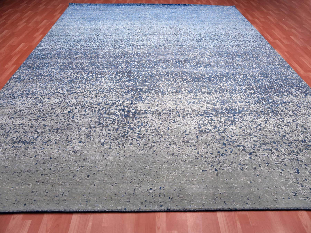 12'0" x 15'0" New Hand Knotted Blue Wool & Pure Silk Rectangle Oriental Rug - MOA10275101