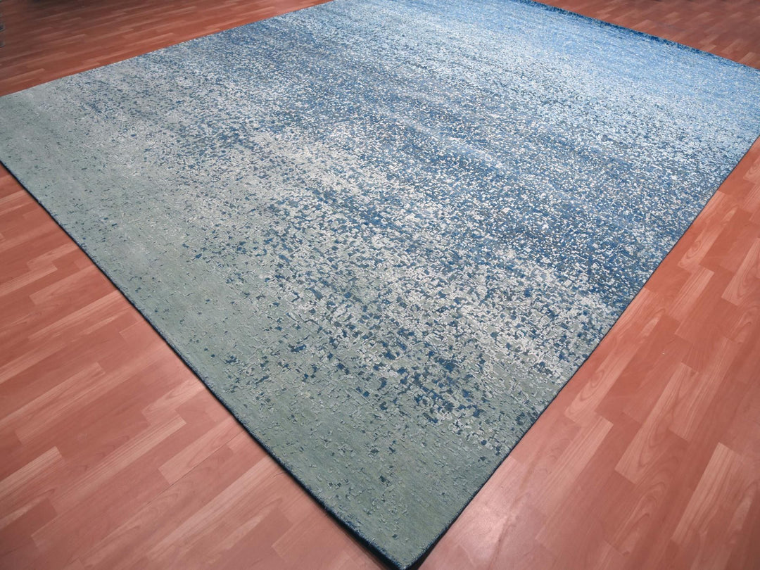 12'0" x 15'0" New Hand Knotted Blue Wool & Pure Silk Rectangle Oriental Rug - MOA10275101