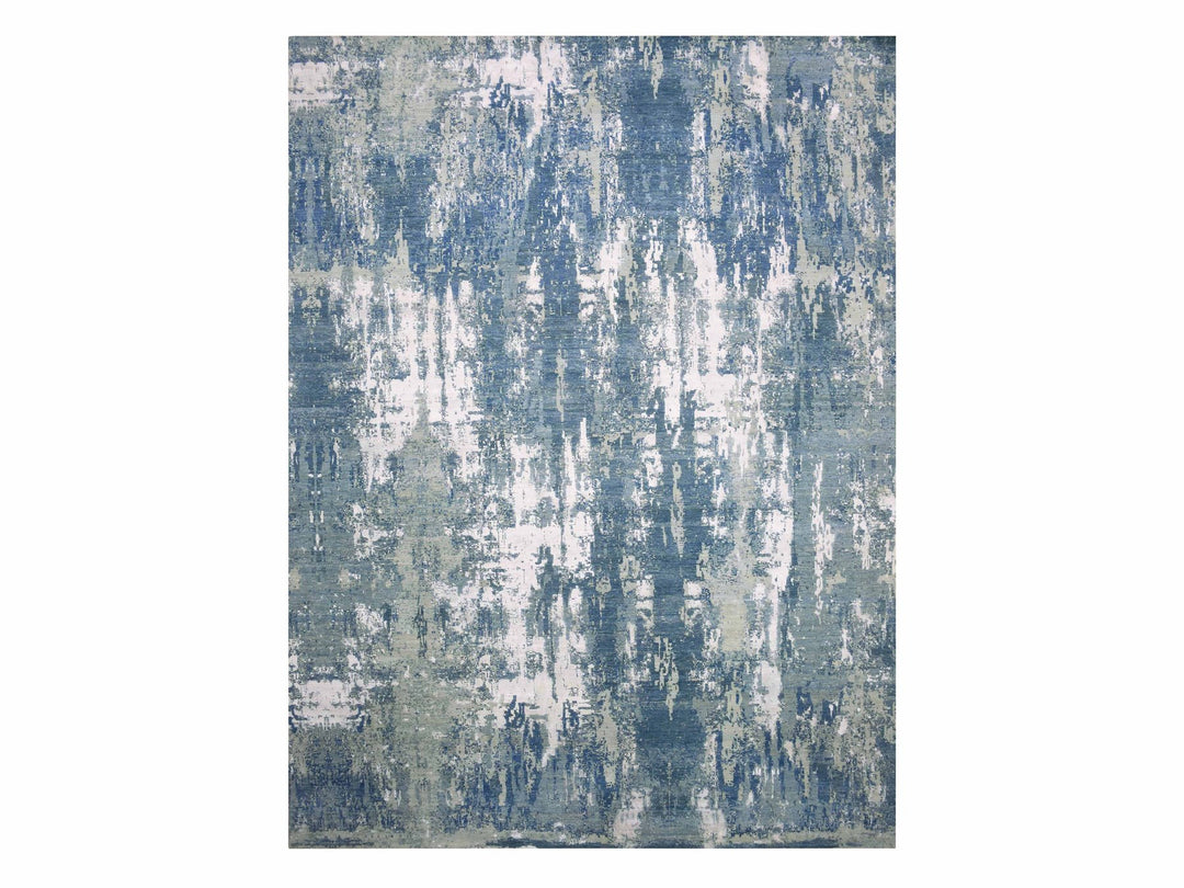12'2" x 15'1" New Hand Knotted Blue Wool & Pure Silk Rectangle Oriental Rug - MOA10275102