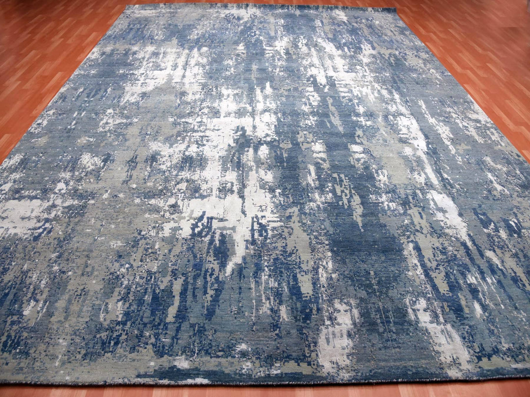 12'2" x 15'1" New Hand Knotted Blue Wool & Pure Silk Rectangle Oriental Rug - MOA10275102