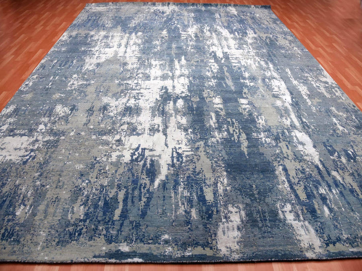 12'2" x 15'1" New Hand Knotted Blue Wool & Pure Silk Rectangle Oriental Rug - MOA10275102