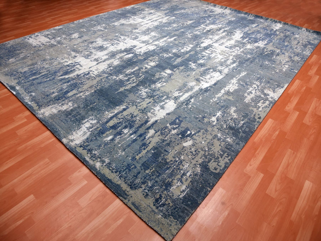 12'2" x 15'1" New Hand Knotted Blue Wool & Pure Silk Rectangle Oriental Rug - MOA10275102