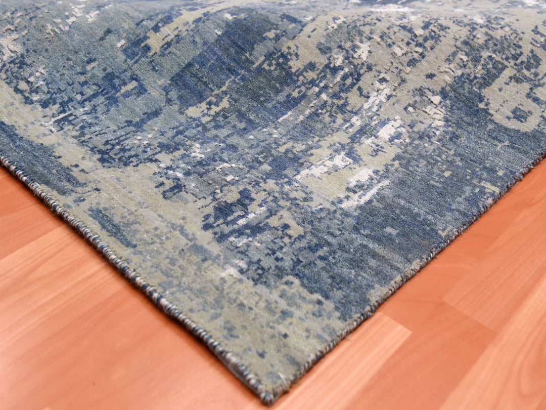 12'2" x 15'1" New Hand Knotted Blue Wool & Pure Silk Rectangle Oriental Rug - MOA10275102