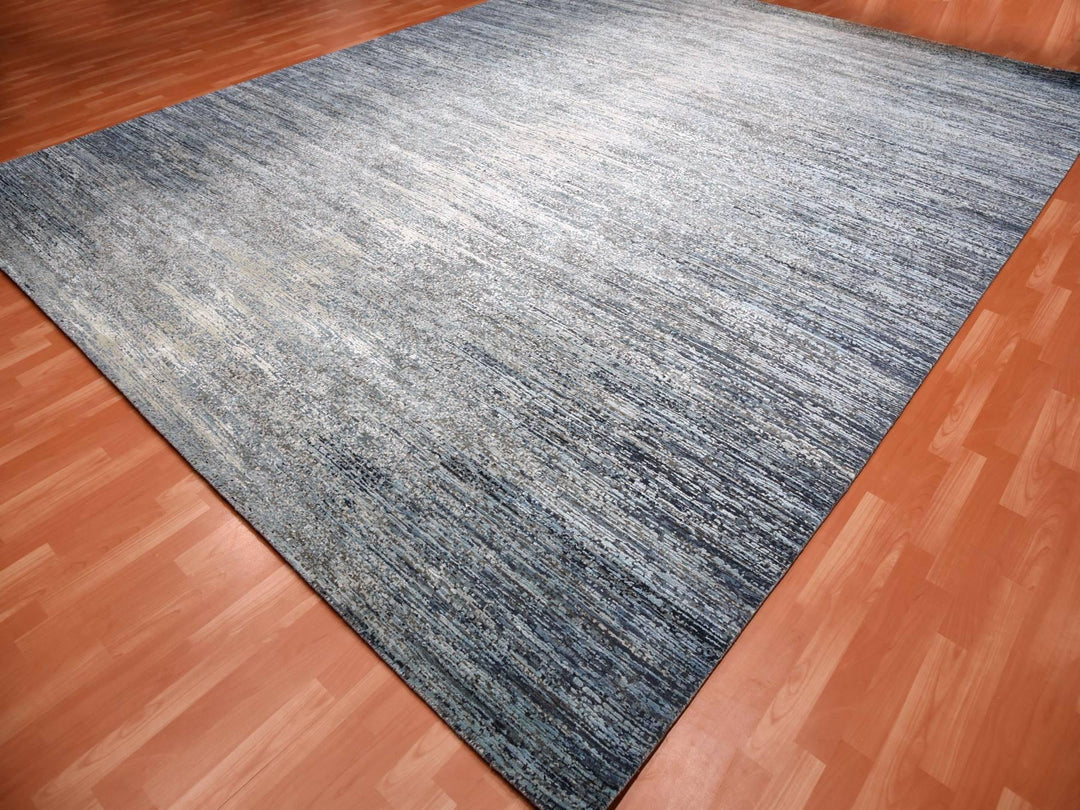 12'0" x 15'0" New Hand Knotted Blue Wool & Pure Silk Rectangle Oriental Rug - MOA10275103
