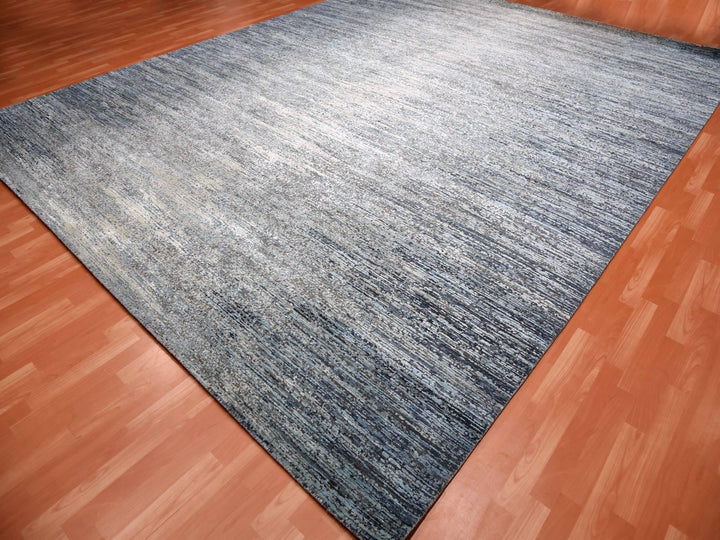 12'0" x 15'0" New Hand Knotted Blue Wool & Pure Silk Rectangle Oriental Rug - MOA10275103