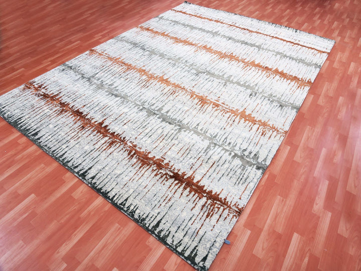 10'2" x 13'11" New Hand Knotted Grey Wool & Silk Rectangle Oriental Rug - MOA10275299