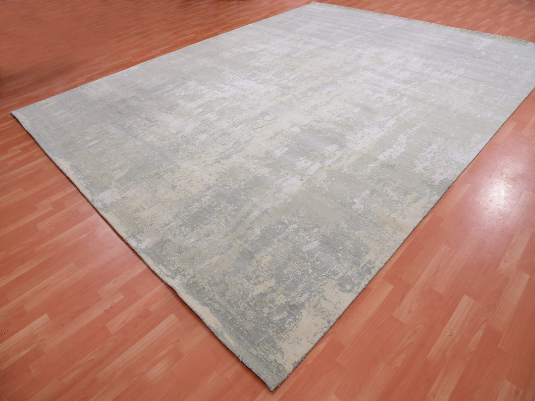 12'0" x 15'6" New Hand Knotted Grey Wool & Silk Rectangle Oriental Rug - MOA10275331