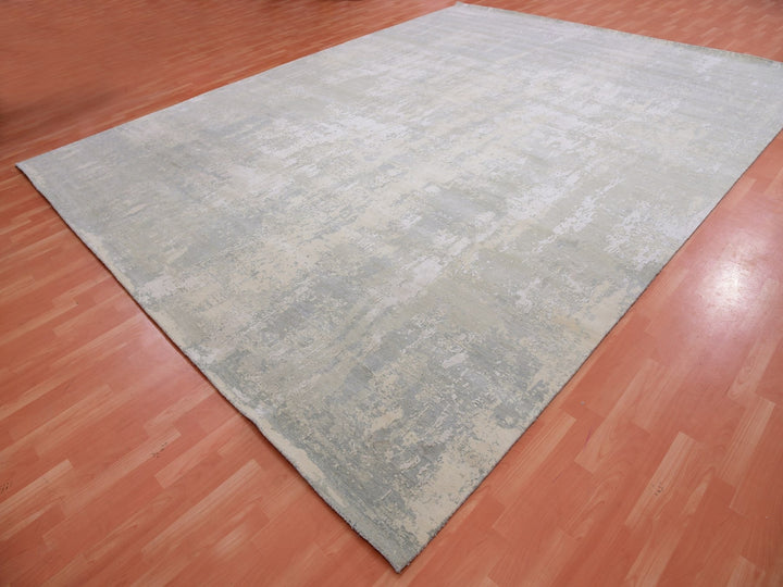 12'0" x 15'6" New Hand Knotted Grey Wool & Silk Rectangle Oriental Rug - MOA10275331