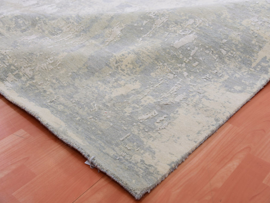 12'0" x 15'6" New Hand Knotted Grey Wool & Silk Rectangle Oriental Rug - MOA10275331