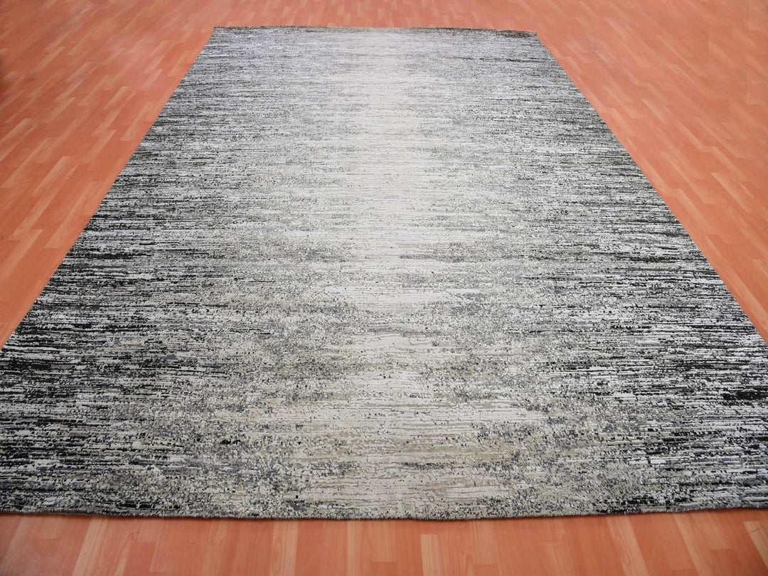 9'10" x 14'0" New Hand Knotted Black Wool & Silk Rectangle Oriental Rug - MOA10275335