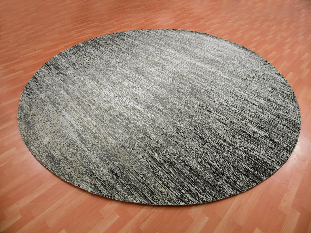 11'11" x 12'0" New Hand Knotted Black Wool & Silk Round Oriental Rug - MOA10275337