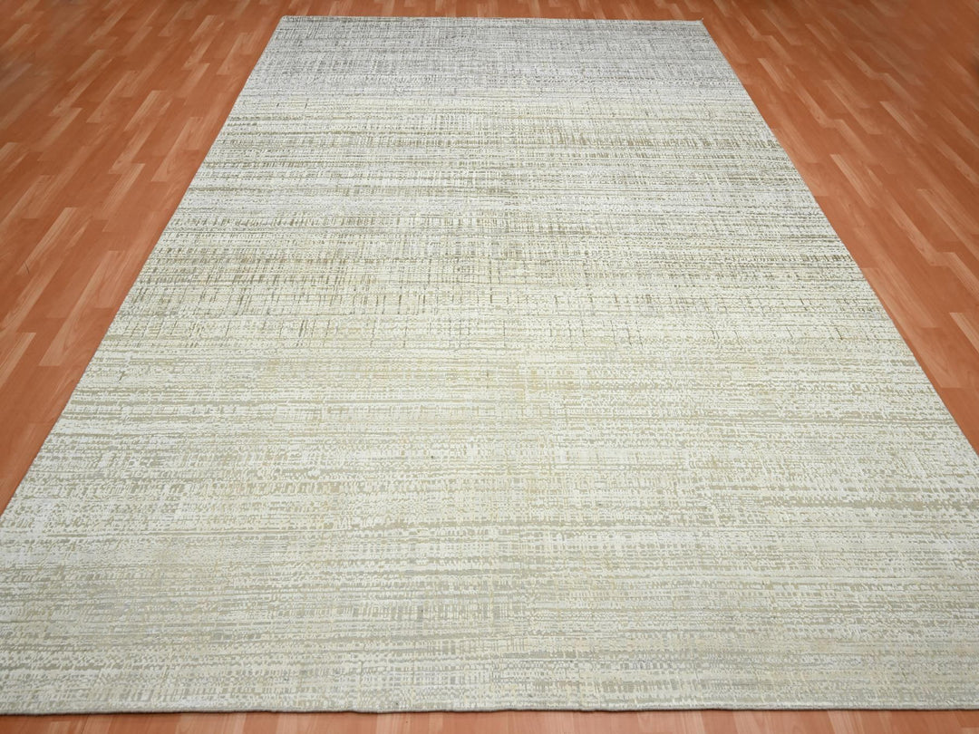 8'11" x 12'4" New Hand Knotted Ivory Wool & Silk Rectangle Oriental Rug - MOA10275505