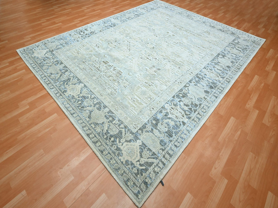 9'1" x 12'0" New Hand Knotted Grey Wool & Silk Rectangle Oriental Rug - MOA10275522