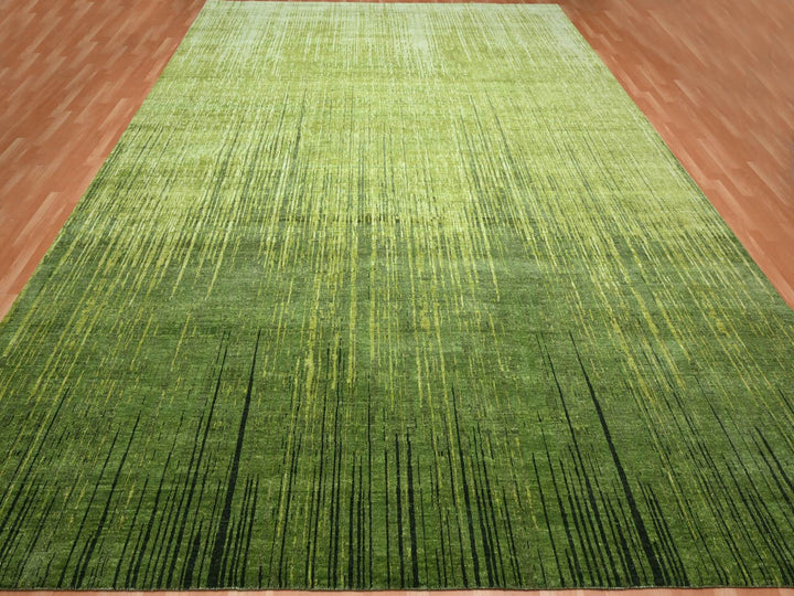 12'2" x 15'0" New Hand Knotted Green Wool Rectangle Oriental Rug - MOA10275541