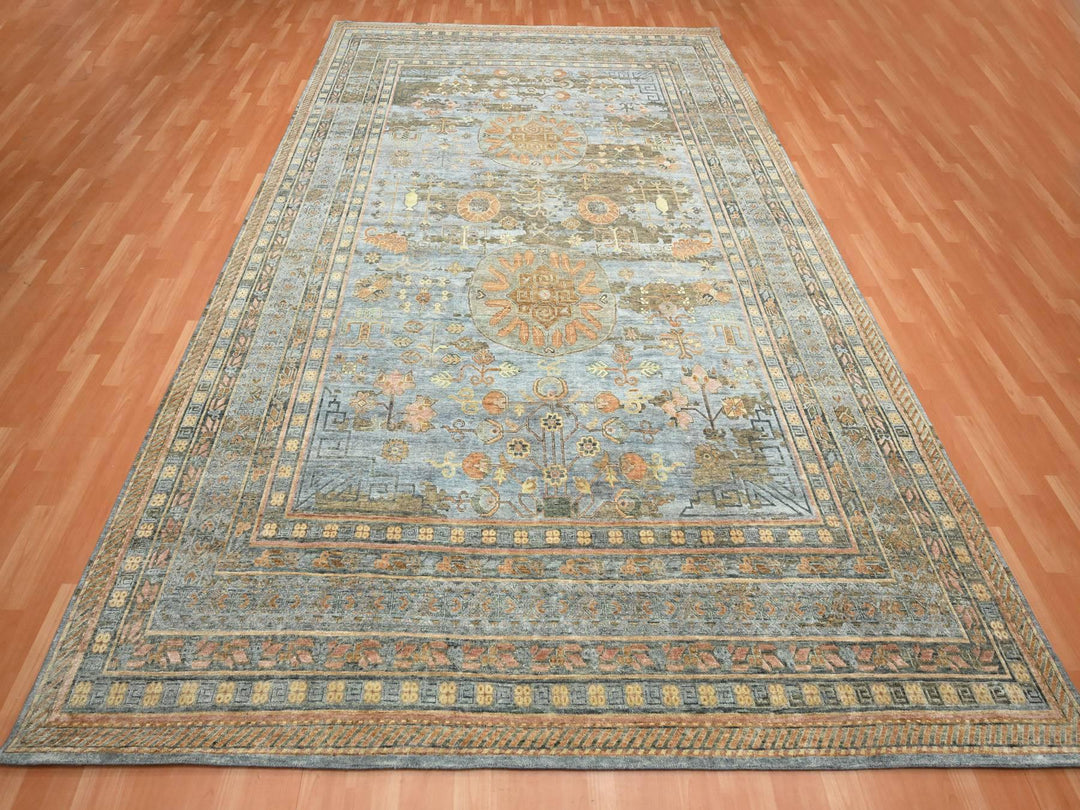 9'11" x 14'2" New Hand Knotted Blue Wool & Silk Rectangle Oriental Rug - MOA10275565