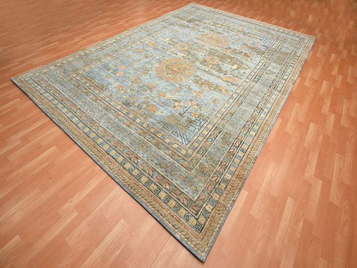 9'11" x 14'2" New Hand Knotted Blue Wool & Silk Rectangle Oriental Rug - MOA10275565