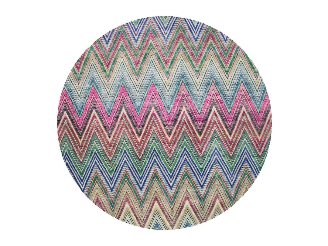 11'8" x 11'9" New Hand Knotted Pink Wool & Silk Round Oriental Rug - MOA10275567